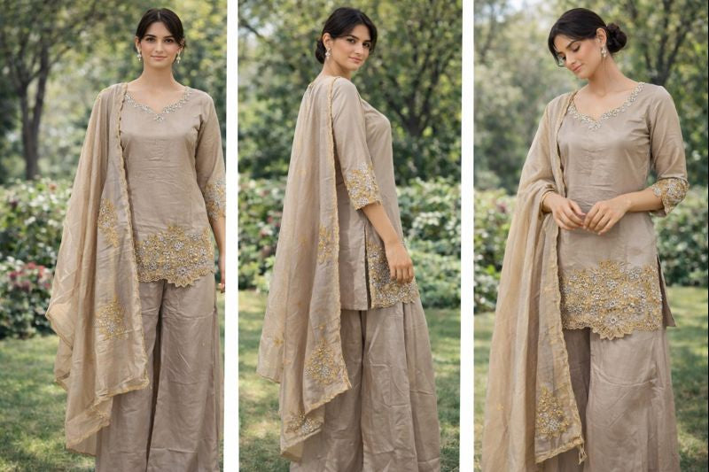 Champagne Beige Embroidered Kurta Palazzo Set