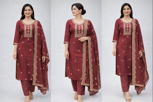 Wine Embroidered Straight Kurta Set with Dupatta