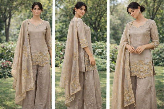 Champagne Beige Embroidered Kurta Palazzo Set