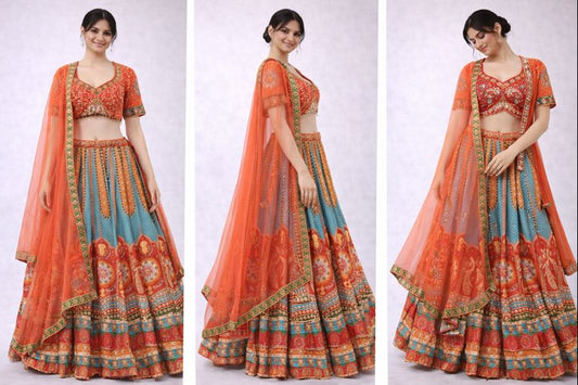 Orange & Teal Indo-Western Printed Lehenga