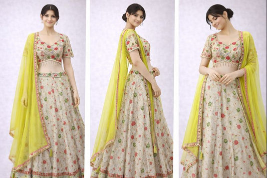 Ivory Floral Embroidered Indo-Western Lehenga Set with Lime Green Dupatta