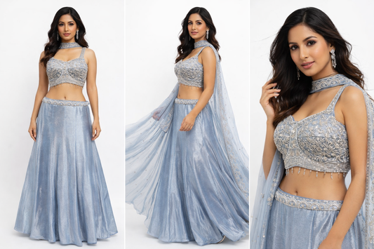 Silver Grey Embellished Lehenga Set with Blouse & Dupatta