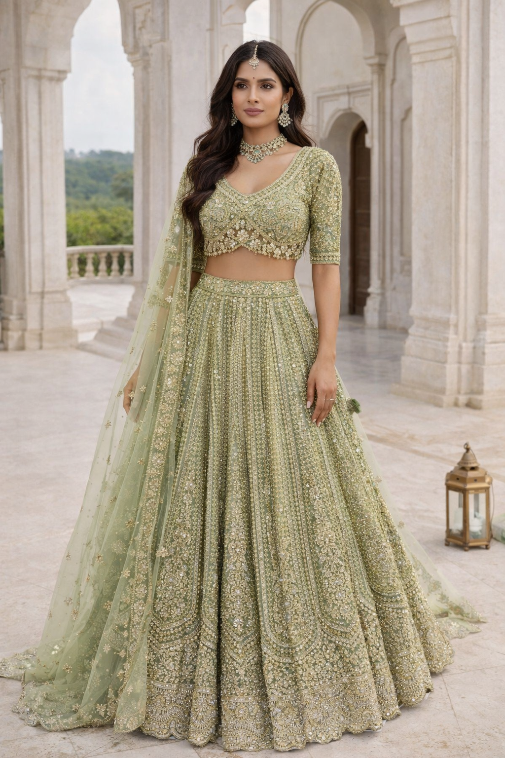 Elegant Sage Green Embroidered Bridal Lehenga Choli with Net Dupatta