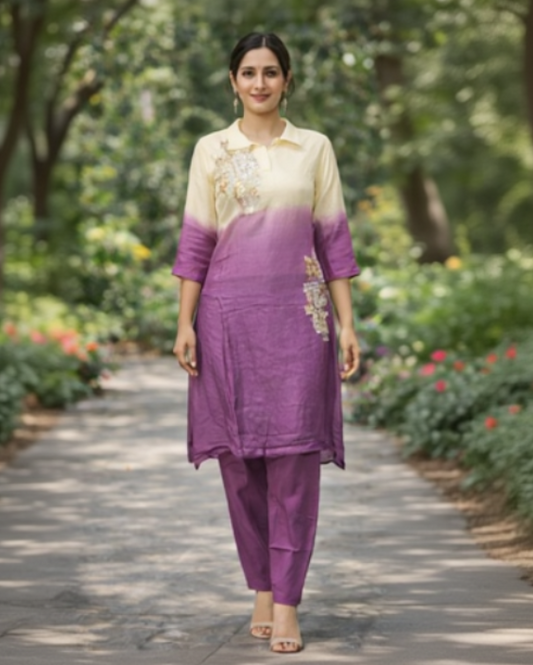 Cream & Purple Ombre Embroidered Kurti Pant Set