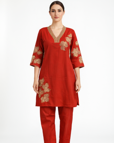 Red Floral Embroidered Kurti Pant Set