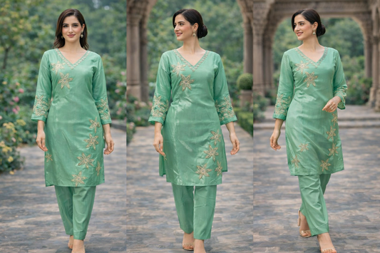 Sea Green Embroidered Straight Kurta Set