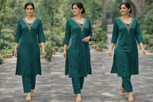 Teal Green Embroidered Straight Kurta Set