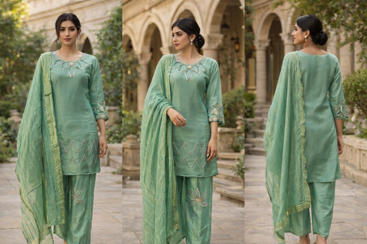 Sea Green Embroidered Kurta Palazzo Set with Dupatta